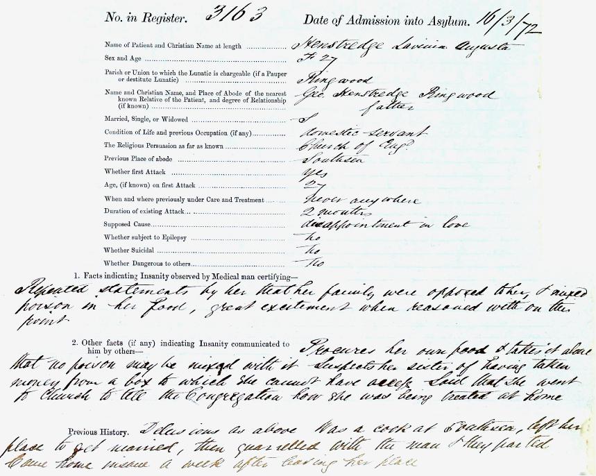 Extract from the case History of Lavina Augusta HENSTREDGE on admission to Hampshire County Asylum in 1872